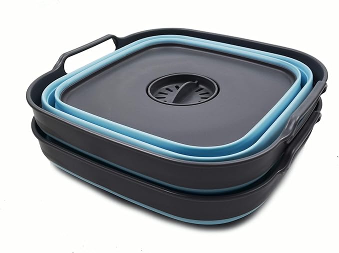 SAMMART 10L (2.64 Gallon) Collapsible Dishpan with Draining Plug - Foldable Washing Basin - Portable Dish Washing Tub - Space Saving Kitchen Storage Tray (2, Grey/Sea Angel)