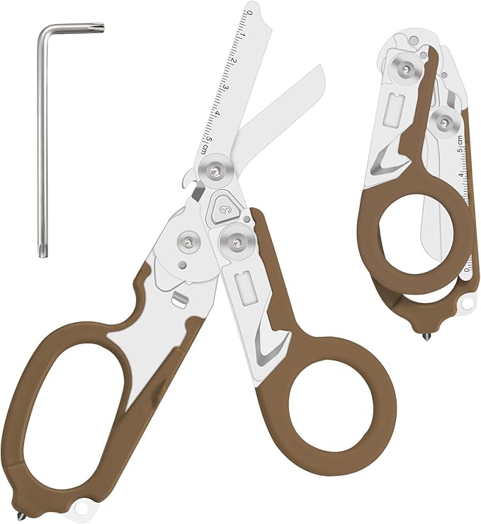 Lemasa6 in 1 Multifunctional Combination Tool, Folding Retractable Emergency Shears, Outdoor Camping Tools, Seat Belt Cutter, Oxygen Cylinder Wrench, Complimentary Adjustable Wrench (Bean Sand Colour)