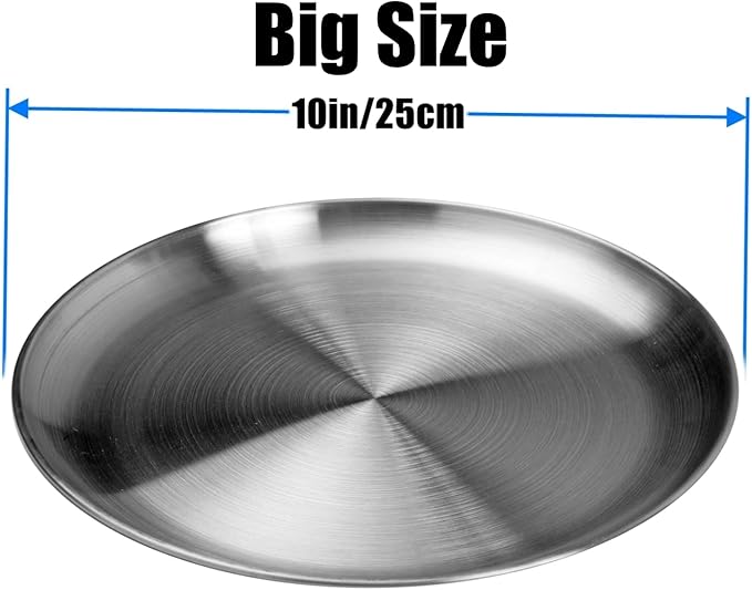 CAMBUY Stainless Steel Plates 10 inch Metal Lightweight Unbreakable Dinner Dishes Plates Set Non-Toxin Dishwasher Safe BPA Free and Healthy (4 Pcs)