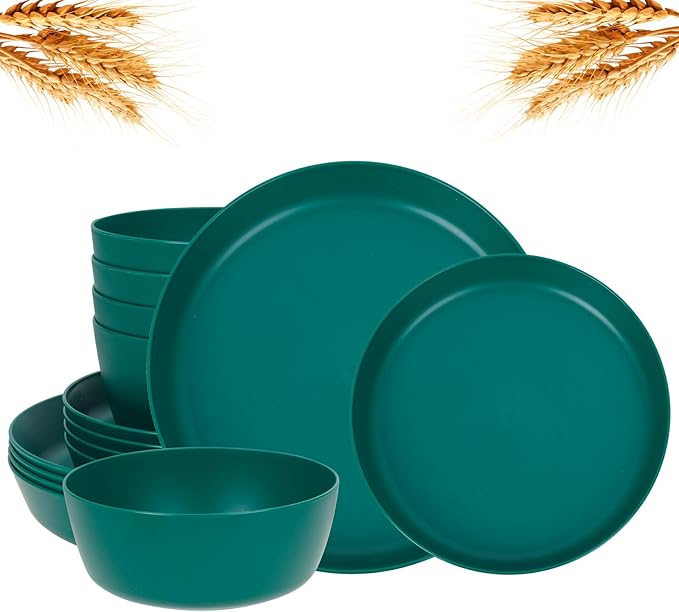 EI 12pcs Dark Green Wheat Straw Plates,Plate and Bowls Sets,Wheat Straw Dinnerware Set,Unbreakabl Plastic Plates Reusable,eMelamine Dinnerware Sets