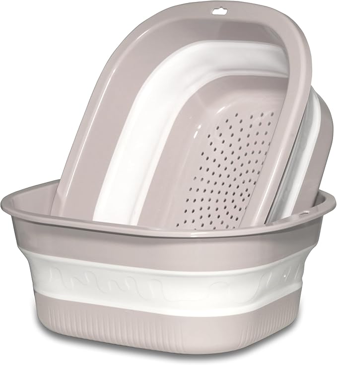 Collapsible Dish Basin with Colander, Foldable 2-in-1 Dish Pan and Strainer Set with Drain Holes, Portable Wash Basin for Kitchen Sink, Camping, Travel & RV (Pink)