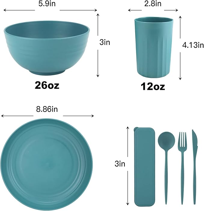 Wheat Straw Plates and Bowls Sets 28 PCS,Chip Resistant Dinnerware Sets for 4,Microwave Safe Dish Sets, Stackable and Lightweight Cup Set, Cutlery Set for Kitchen,Outdoor,Camping(Green)
