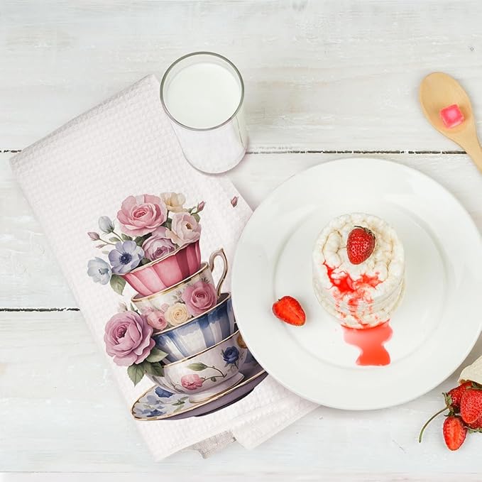 2PCS Watercolor Rose Kitchen Towels, Flower Coffee Cup Waffle Weave Dish Tea Hand Towels for Home, Dinner Party, Wedding Gift, Home Decor, Housewarming Farmhouse Gifts for Women Friend