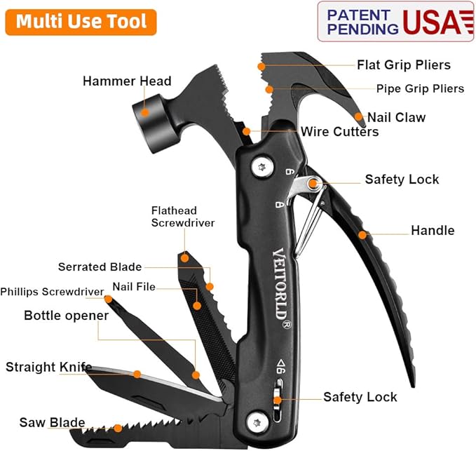VEITORLD All in One Tools Mini Hammer Multitool, Fathers Day, Unique Gifts for Men Dad Husband, Birthday Camping Gifts Ideas for Him Grandpa Boyfriend Women, Cool Camping Hunting Gadgets