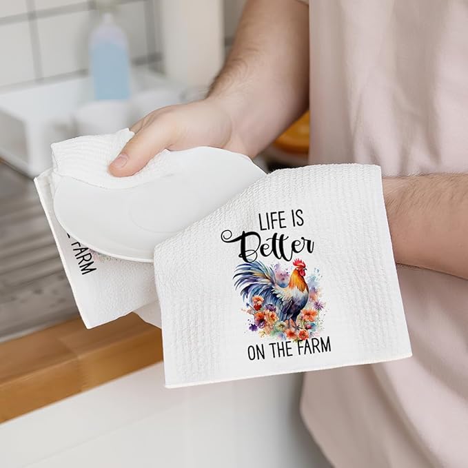 2Pcs Funny Kitchen Towels 24x14 Inch, Floral Rooster Chicken Kitchen Decor Waffle Weave Hand Towels for Farmhouse, White Absorbent Microfiber Dish Cloth Tea Towel Chicken Gifts for Women