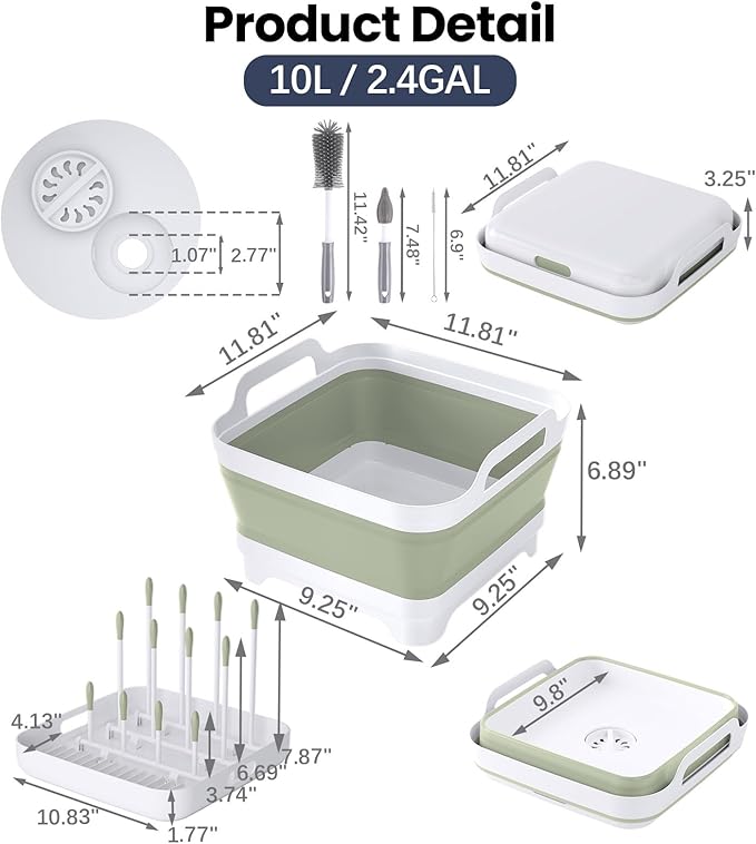 Volnamal Collapsible Wash Basin for Baby Bottles - Portable 2.4 Gallon Dish Basin with Drying Rack & Lid, Foldable RV Sink Tub for Camping, Sturdy Wash Tub for Kitchen, Camping, Outdoor Use (Green)