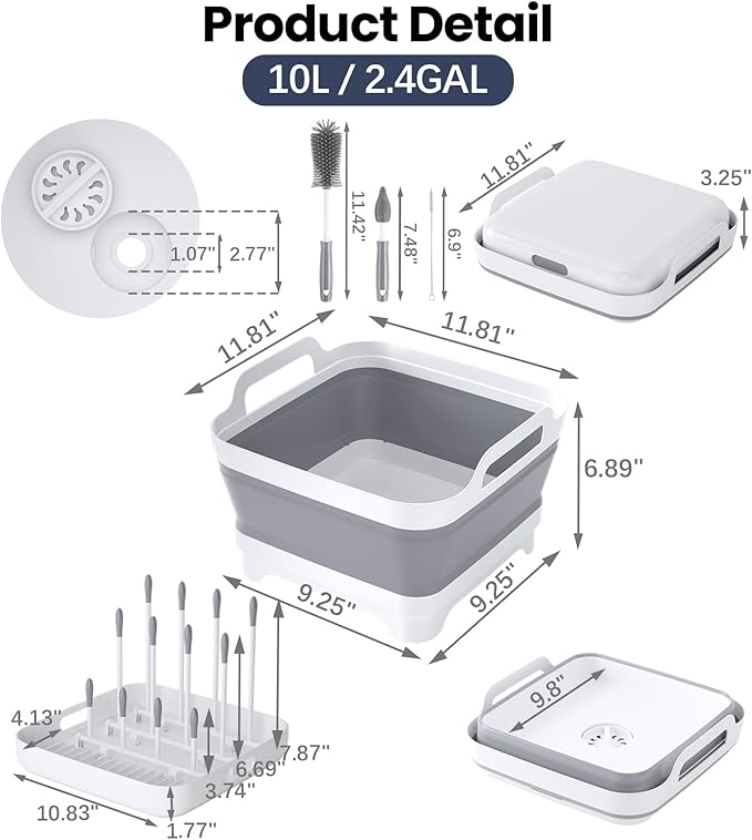 Volnamal Collapsible Wash Basin for Baby Bottles - Portable 2.4 Gallon Dish Tub with Drying Rack & Lid, Foldable Sink for Camping, Outdoor Space-Saving Tub for Kitchen, RV, Camping, Outdoor Use
