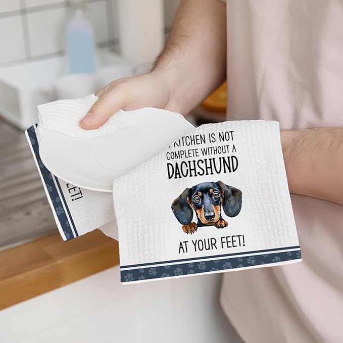 2Pcs Funny Dachshund Kitchen Dish Towels Set, Dachshund Gifts Waffle Weave Kitchen Towels, Wiener Dog Decorative Hand Tea Towels for Bathroom Kitchens, Wiener Dog Gifts for Women