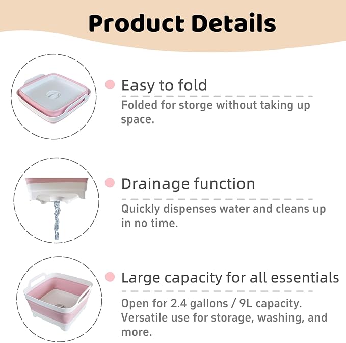 GIMWA Collapsible Wash Basin for Baby Bottles - 2.4 Gallons Portable Wash Bin for RV Camping Sink, Space-Saving Dish Tub (Pink)