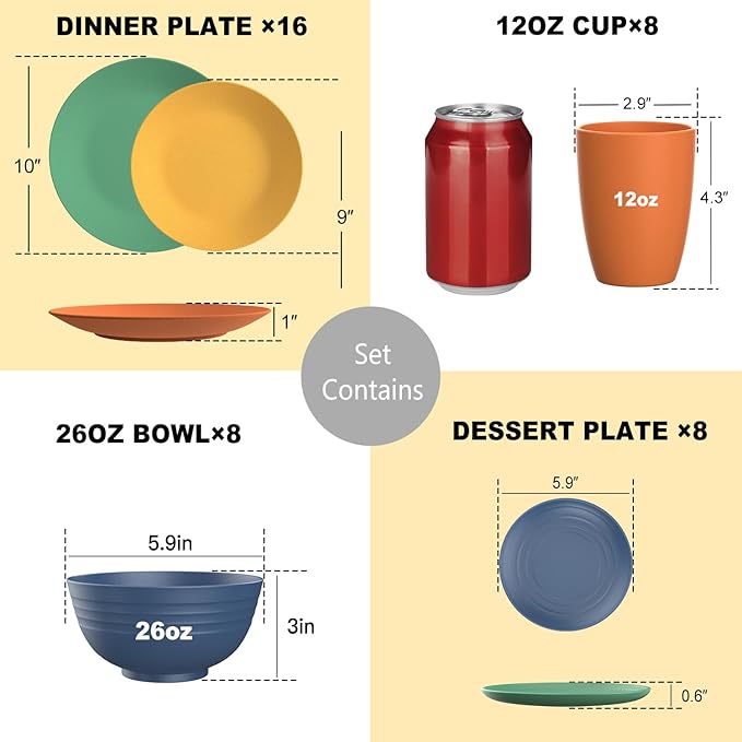 PYRMONT 40 PCS Wheat Straw Plates and Bowls Set Unbreakable Dinnerware Set Dishes for 8-Plate Sets,Cups Set,Microwave & Dishwasher Safe Bowls Set for Party,Family Gathering,RV-Multi