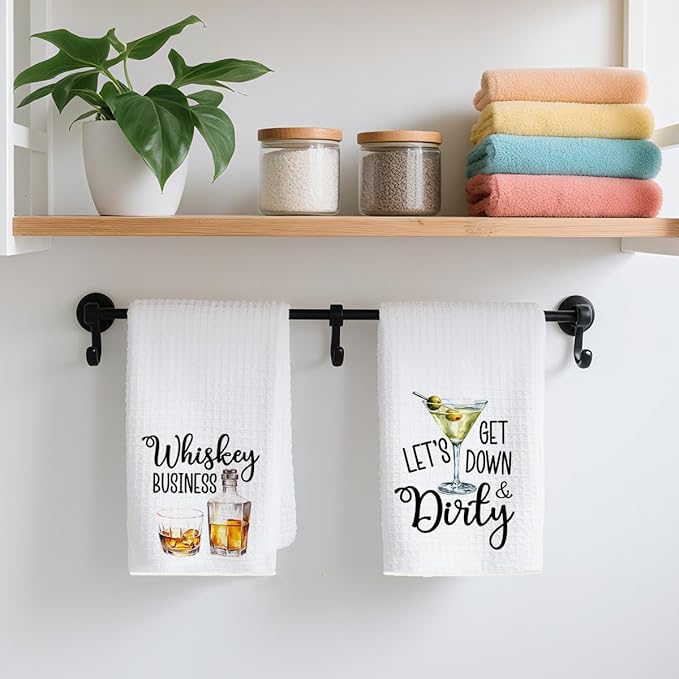 2Pcs Funny Kitchen Towels 24x14 Inch, Whiskey Dirty Alcohol Decor Waffle Weave Hand Towels for Kitchen Bar, White Absorbent Microfiber Dish Cloth Tea Towel Housewarming Gifts for Women Hostess