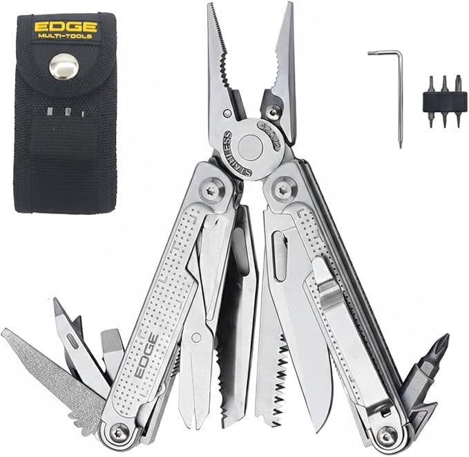 EDGE Multi-Tool Pliers, 14-in-1 Stainless Steel Multitool with Knife, Saw, Scissors, Wire Cutter & Screwdriver Bits, Compact Folding Pocket Tool for Camping, Survival, Fishing & Car Emergency (Silver)