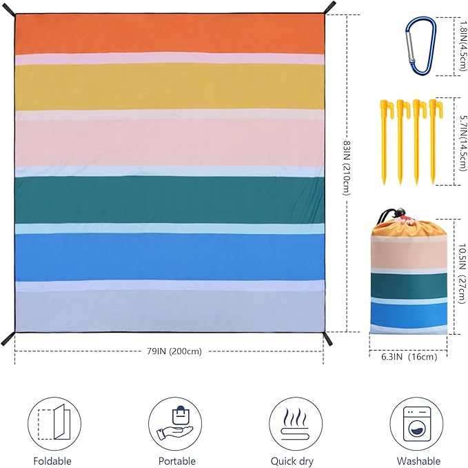 WIWIGO Beach Blanket Waterproof Sandproof Beach Mat 79" X 83"/10'x9'for 2-8 Adults Quick Drying Outdoor Picnic Mat Beach Accessories for Travel, Camping, Hiking