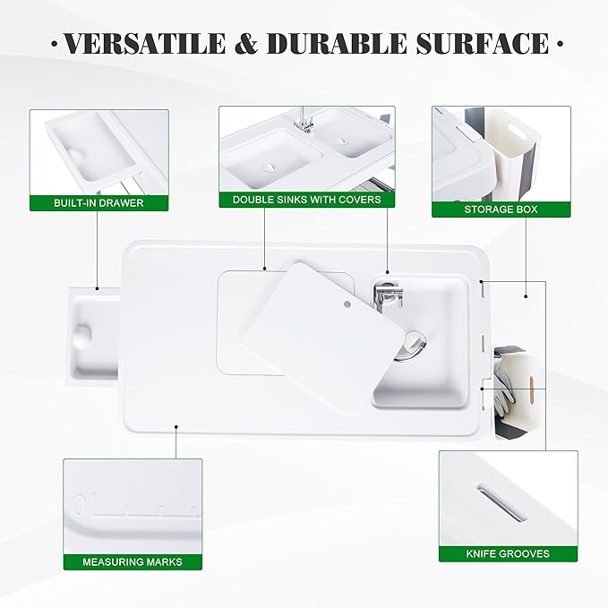 Allpop Fish Cleaning Table with 2 Sinks, 42.5'' Portable Folding Camping Fish Station with Foldable Faucet, Drainage Hose, Sprayer, Grid Rack, Storage Box, Drawer & Grooves for Picnic, White