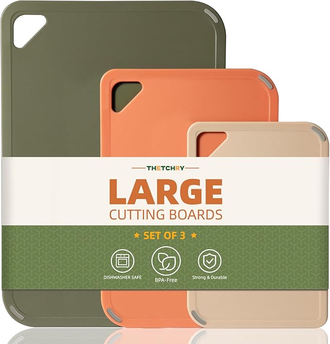 THETCHRY Plastic Cutting Board Set, Cutting Boards for Kitchen BPA Free, Large-Small Chopping Boards Set of 3 Non-Slip for Cooking Camping Dishwasher Safe, Reversible, with Grip Handle, 15"×10"×0.6"