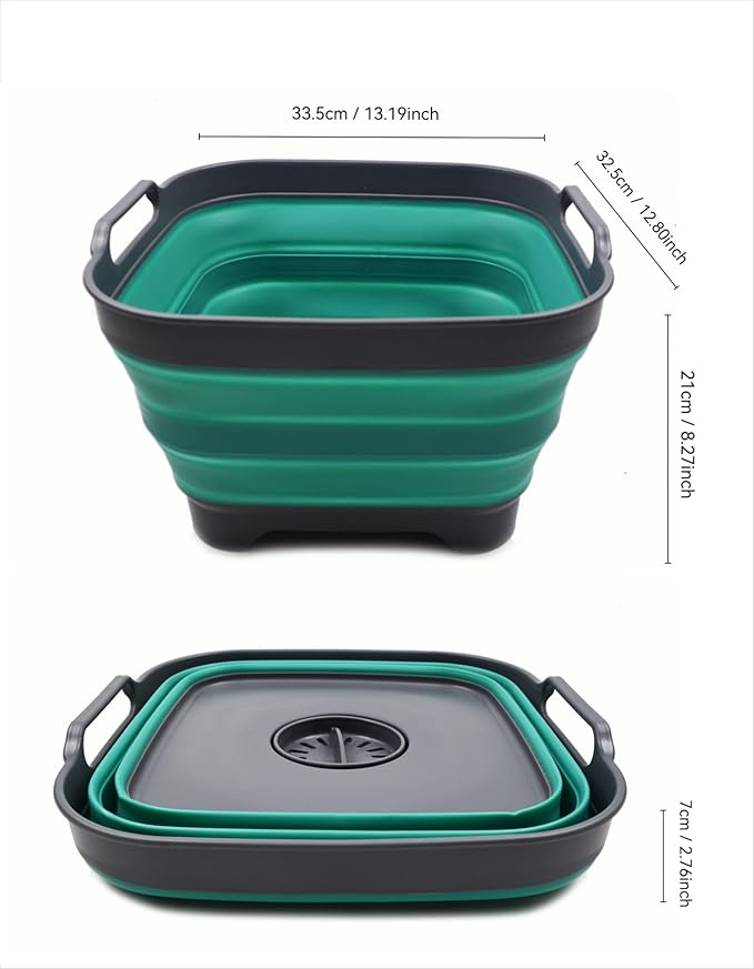 SAMMART 10L (2.64 Gallon) Collapsible Dishpan with Draining Plug - Foldable Washing Basin - Portable Dish Washing Tub - Space Saving Kitchen Storage Tray (1, Grey/Turquoise Blue)