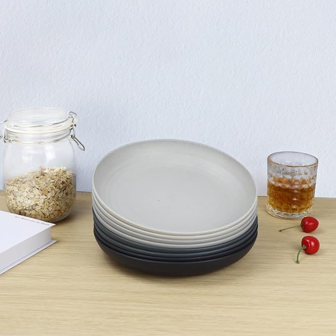 Homienly Deep Dinner Set of 8 - Alternative for Plastic, Microwave and Dishwasher Safe Wheat Straw Plates for Kitchen, Unbreakable Kids With 4 Colors (Stone Grey, 9 Inch)