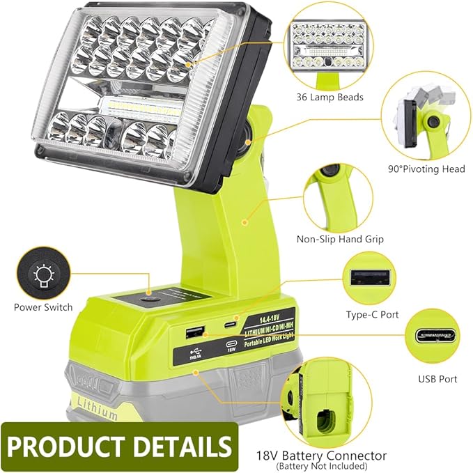 Choerinton 2000LM LED Work Light for Ryobi 18V Battery, 18W Cordless Rechargeable Jobsite Light with Adjustable Rotating Head, USB Powered Portable Floodlight for Outdoor Camping, Car Repair, Garage