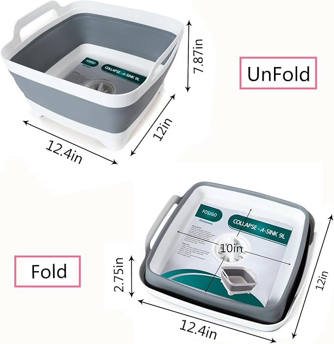 FOSJGO Collapsible Dish Basin with Drain Plug, 2.4 Gal (9L) Space-Saving Foldable Sink, Wash Basin for Kitchen, Baby Bottles, Vegetable Washing, Camping, RV and Party Beverage Tubs
