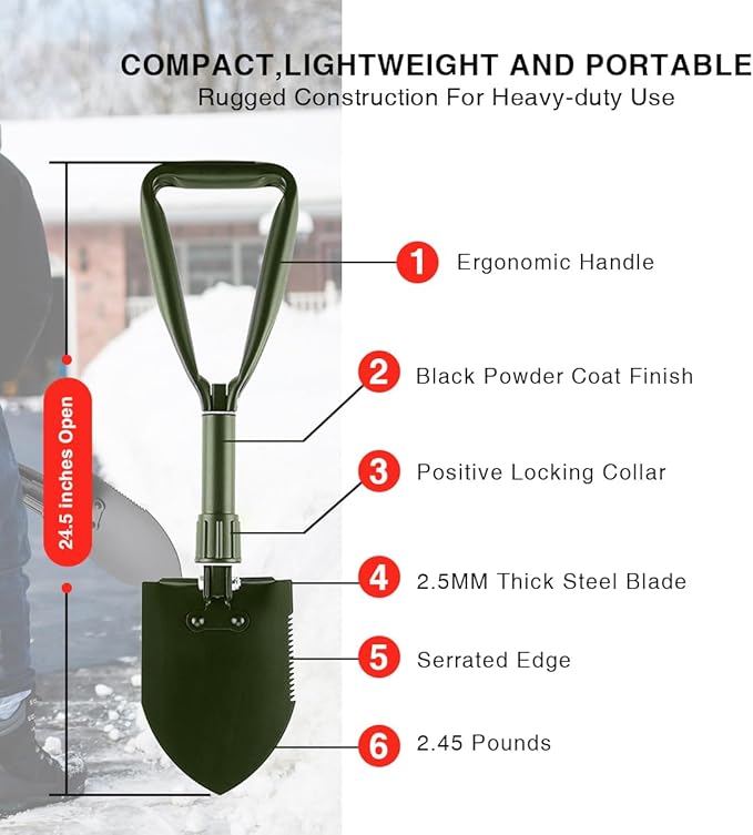 24.5" Collapsible Shovel, Heavy Duty Foldable Shovel for Camping and Pickax, Military Entrenching Tool for Gardening, Camping, Digging Dirt, Sand, Mud&Snow, Off Road, Car Emergency kit