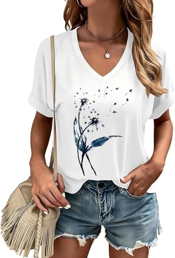 Graphic V Neck Shirt for Women Boho Floral Wildflowers Tee Casual Cottagecore Summer T-Shirt Blouse