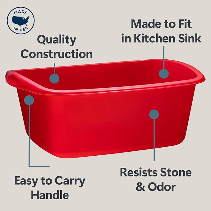 Tribello 2-Pack Dish Pans for Kitchen Sink, Plastic Tub Dishpan Wash Basin and Foot Bath for Soaking Feet, Wash Bucket for Washing and Storage Cleaning Supplies - 12 Quarts - Heavy Duty - (Red)