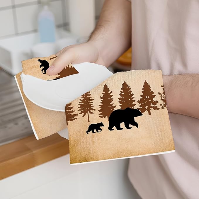 3PCS Wild Animal Deer Moose Bear Forest Camping Kitchen Towel for Campsite Cabin RV, Forest Wildlife Reusable Absorbent Waffle Weave Dish Tea Towels for Cleaning Cooking Baking, Camping Lovers Gifts