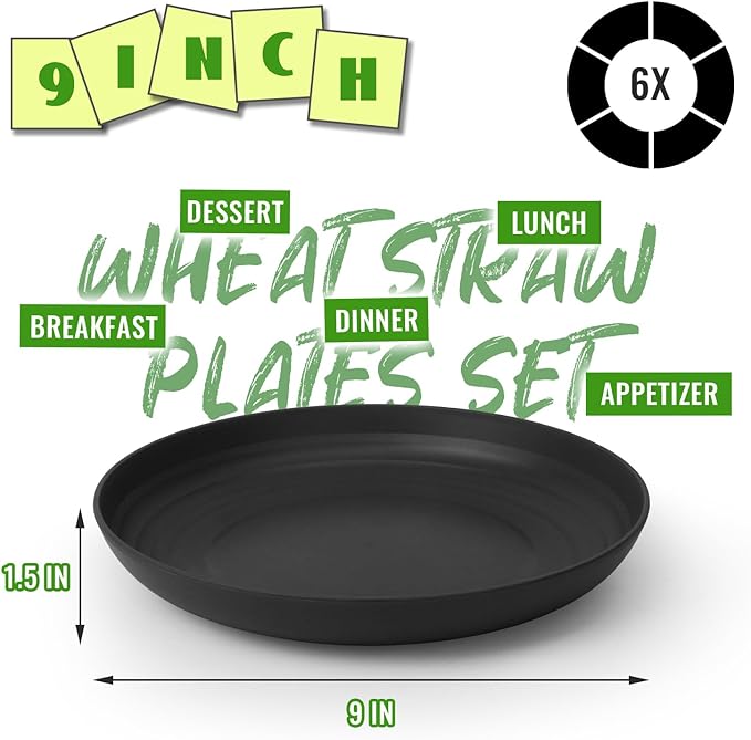 Deep Dinner Plates Set of 6, 9 inch Wheat Straw Plates, Unbreakable Lightweight Kids Plates, Alternative to Plastic Reusable Plate for Kitchen & Outdoor, Black