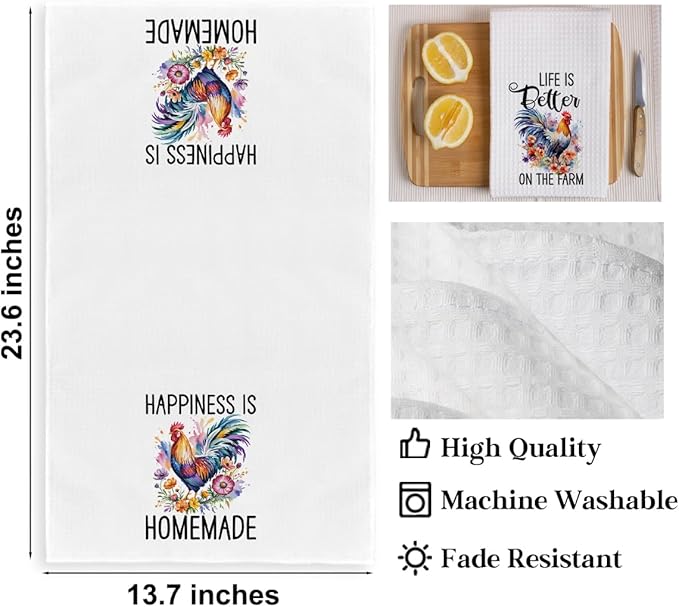 2Pcs Funny Kitchen Towels 24x14 Inch, Floral Rooster Chicken Kitchen Decor Waffle Weave Hand Towels for Farmhouse, White Absorbent Microfiber Dish Cloth Tea Towel Chicken Gifts for Women