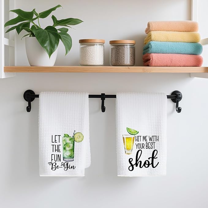 2Pcs Funny Wine Kitchen Towels 24x14 Inch, Gin Shot Alcohol Decor Waffle Weave Hand Towels for Kitchen Bar, White Absorbent Microfiber Dish Cloth Tea Towel, Housewarming Gifts for Women Hostess