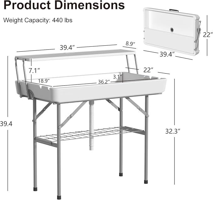 Ice Cooler Table with Drain, Two-Tier Plastic Folding Tables, with Removable Matching Skirt and Shelf, Indoor Outdoor Use for Party Camping Picnic Fishing Cleaning, 440 lbs Capacity