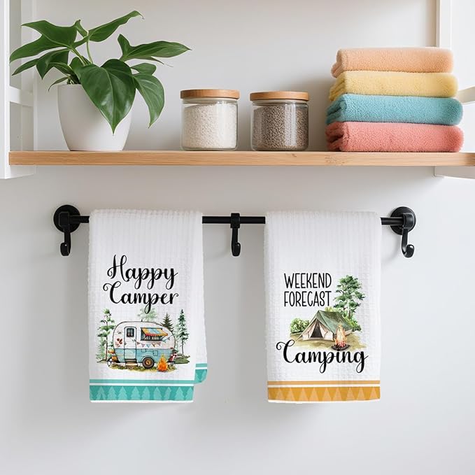 2Pcs Camping Kitchen Towels 24x14 Inch, Bonfire Forest Tent Rv Decor Waffle Weave Hand Towels for Kitchen, White Absorbent Microfiber Dish Cloth Tea Towel, Novelty Camping Gifts for Women Campers