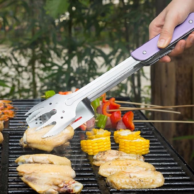 ROXON S601 14" 6 in 1 MBT3 Folding Grill Utensils Set Fork Spatula Grilling Knife Tongs Opener for Backyard Barbecue and Camping (Purple)