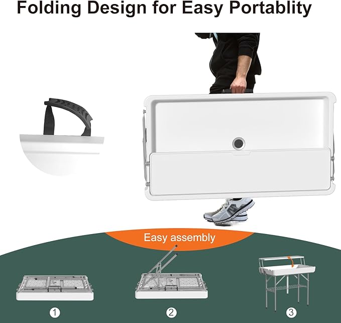 Ice Cooler Table with Drain, Two-Tier Plastic Folding Tables, with Removable Matching Skirt and Shelf, Indoor Outdoor Use for Party Camping Picnic Fishing Cleaning, 440 lbs Capacity