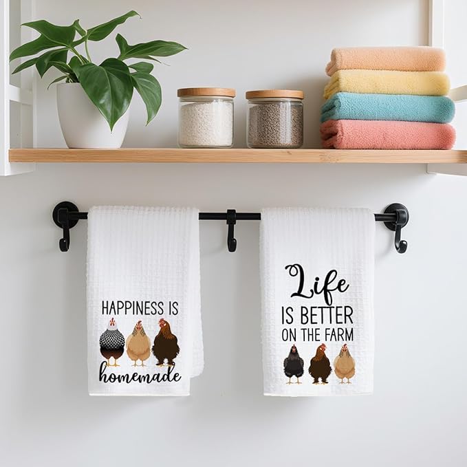 2Pcs Funny Kitchen Towels 24x14 Inch, Rooster Chicken Kitchen Decor Waffle Weave Hand Towels for Farmhouse, White Absorbent Microfiber Dish Cloth Tea Towel Chicken Gifts for Women Mom 1