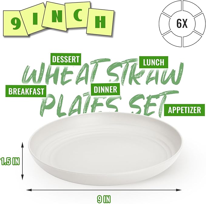 Wheat Straw Plates Set of 6, Unbreakable 9 inch Deep Dinner Plates Set, Microwave and Dishwasher Safe Kids Plates for Kitchen, Camping, Picnic, Party, White