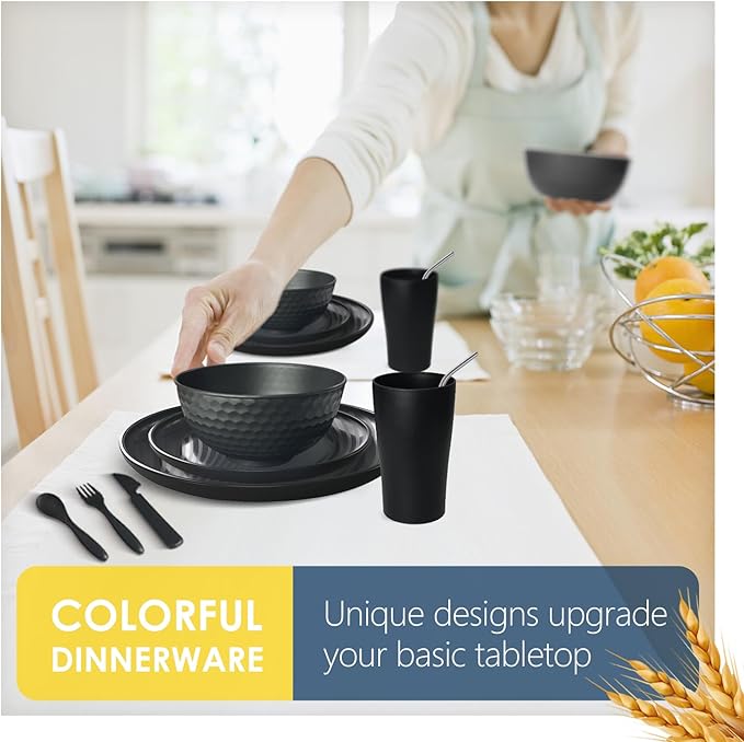Teivio 32-Piece With Flatware Kitchen Plastic Wheat Straw Dinnerware Set, Service for 8, Dinner Plates, Dessert Plate, Cereal Bowls, Cups, Unbreakable Plastic Outdoor Camping Dishes, Gray Ombre