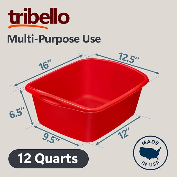 Tribello 2-Pack Dish Pans for Kitchen Sink, Plastic Tub Dishpan Wash Basin and Foot Bath for Soaking Feet, Wash Bucket for Washing and Storage Cleaning Supplies - 12 Quarts - Heavy Duty - (Red)