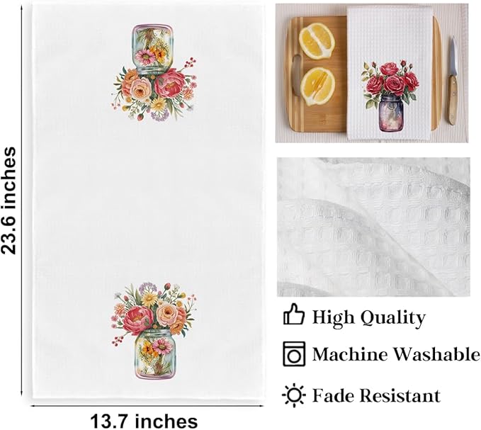 2PCS Watercolor Rose Kitchen Towels, Flower Vase Glass Waffle Weave Dish Tea Hand Towels for Home, Dinner Party, Wedding Gift, Home Decor, Housewarming Farmhouse Gifts for Women Friend