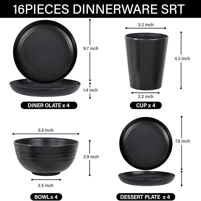 LIYH 16 Pcs Black Wheat Straw Dinnerware Set - Unbreakable Plates and Bowls Sets, Dish Sets for 4, Black Plastic Dinnerware Set Include Wheat Straw Dinner Plates Bowls Cups Kitchen & Camping