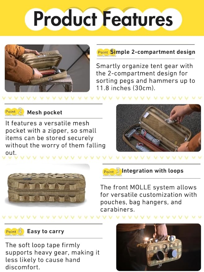CAMPINGMOON MOLLE System Tactical Camping Gear Organizer Utility Tool Bag w PP Board Support Dual-Layer Rigid Storage Case Tent Stakes Tools