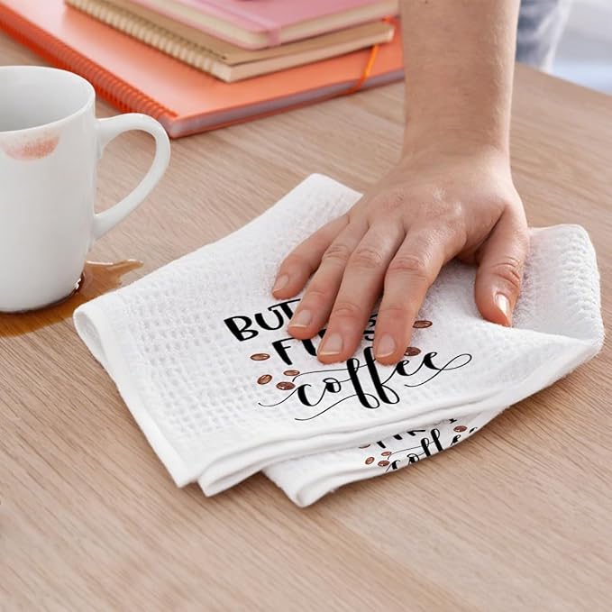 2PCS Coffee Kitchen Towels, Funny Farmhouse Rustic Reusable Absorbent Waffle Weave Dish Tea Towels for Cleaning Cooking Baking, Microfiber Kitchen Towel for Coffee Bar Decor Housewarming Gift