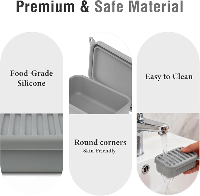 Silicone Travel Soap Case, Leak-Proof Bar Soap Container with Drain Tray, Portable Travel Soap Dish with Lid for Hiking, Gym, Camping, and Portable Toiletries Accessories (Grey)