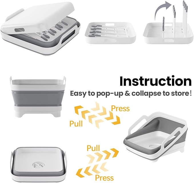 Volnamal Collapsible Wash Basin for Baby Bottles - Portable 2.4 Gallon Dish Tub with Drying Rack & Lid, Foldable Sink for Camping, Outdoor Space-Saving Tub for Kitchen, RV, Camping, Outdoor Use