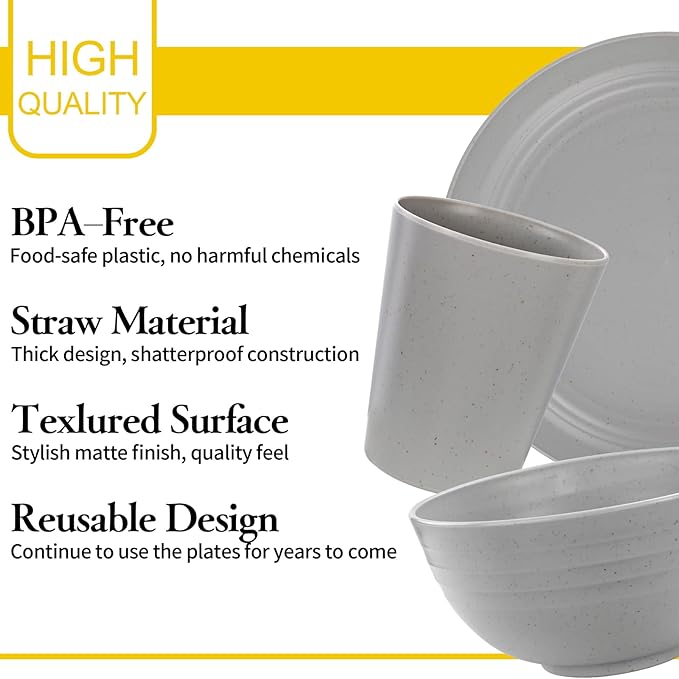 LIYH 28 Pcs Kitchen Plates and Bowls Set, Wheat Straw Dinnerware Sets, Unbreakable Plates and Bowls Sets for 4, Reusable Plate Wheat Straw Dishes Set for Daily & Camping, Light Grey Kitchen Decor