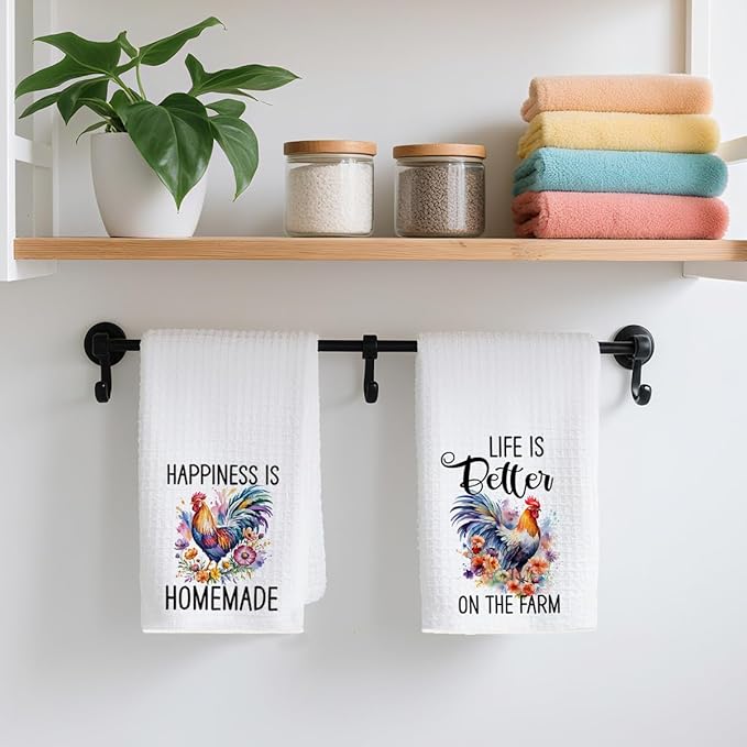 2Pcs Funny Kitchen Towels 24x14 Inch, Floral Rooster Chicken Kitchen Decor Waffle Weave Hand Towels for Farmhouse, White Absorbent Microfiber Dish Cloth Tea Towel Chicken Gifts for Women