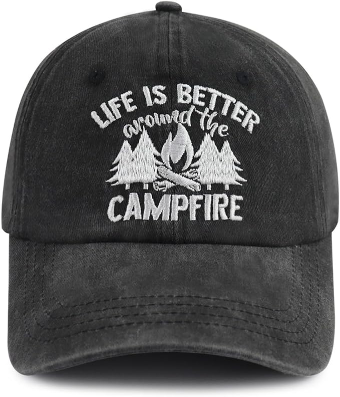 Campfire Hats for Women Men, Outdoor Camping Essentials, Camp Birthday Party Decorations Baseball Cap, Funny Camping Gifts for Campers Dad Mom Friends Black