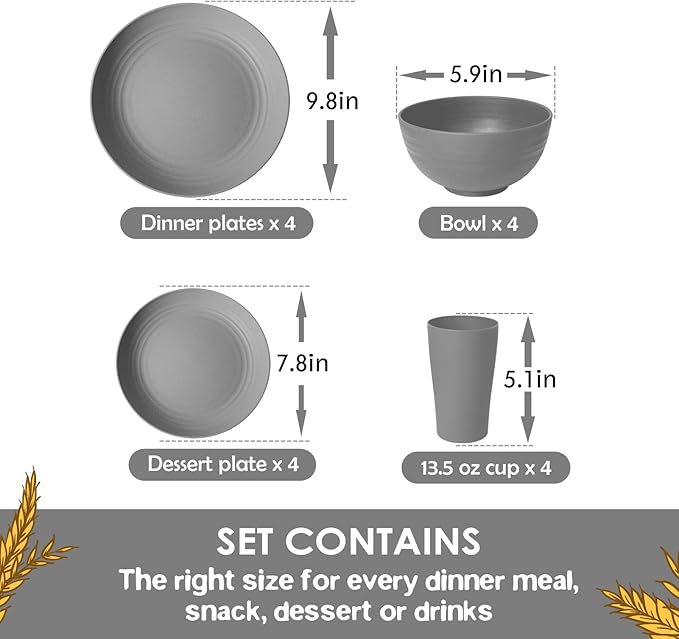 Teivio 16-Piece Kitchen Plastic Wheat Straw Dinnerware Set, Service for 4, Dinner Plates, Dessert Plate, Cereal Bowls, Cups, Unbreakable Plastic Outdoor Camping Dishes, Grey