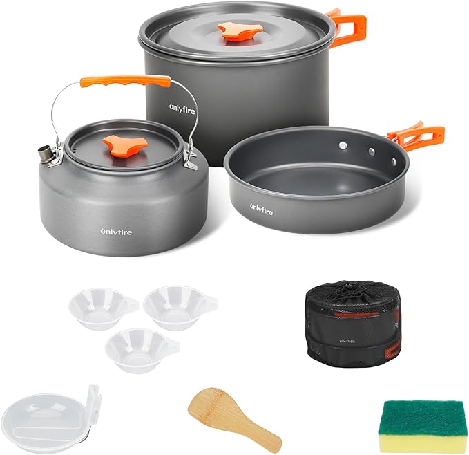 Onlyfire 10pcs Camping Cookware Mess Kit, Non-Stick Lightweight Pot Pan Kettle Set with Plates Forks Knives Spoons for Camping, Backpacking, Outdoor Cooking and Picnic CT603