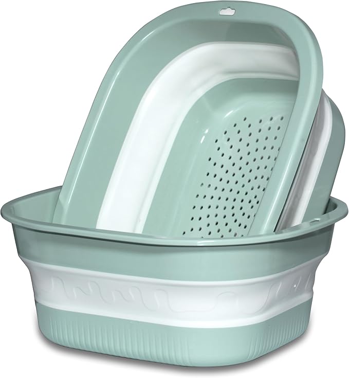 Collapsible Dish Basin with Colander, Foldable 2-in-1 Dish Pan and Strainer Set with Drain Holes, Portable Wash Basin for Kitchen Sink, Camping, Travel & RV (Green)